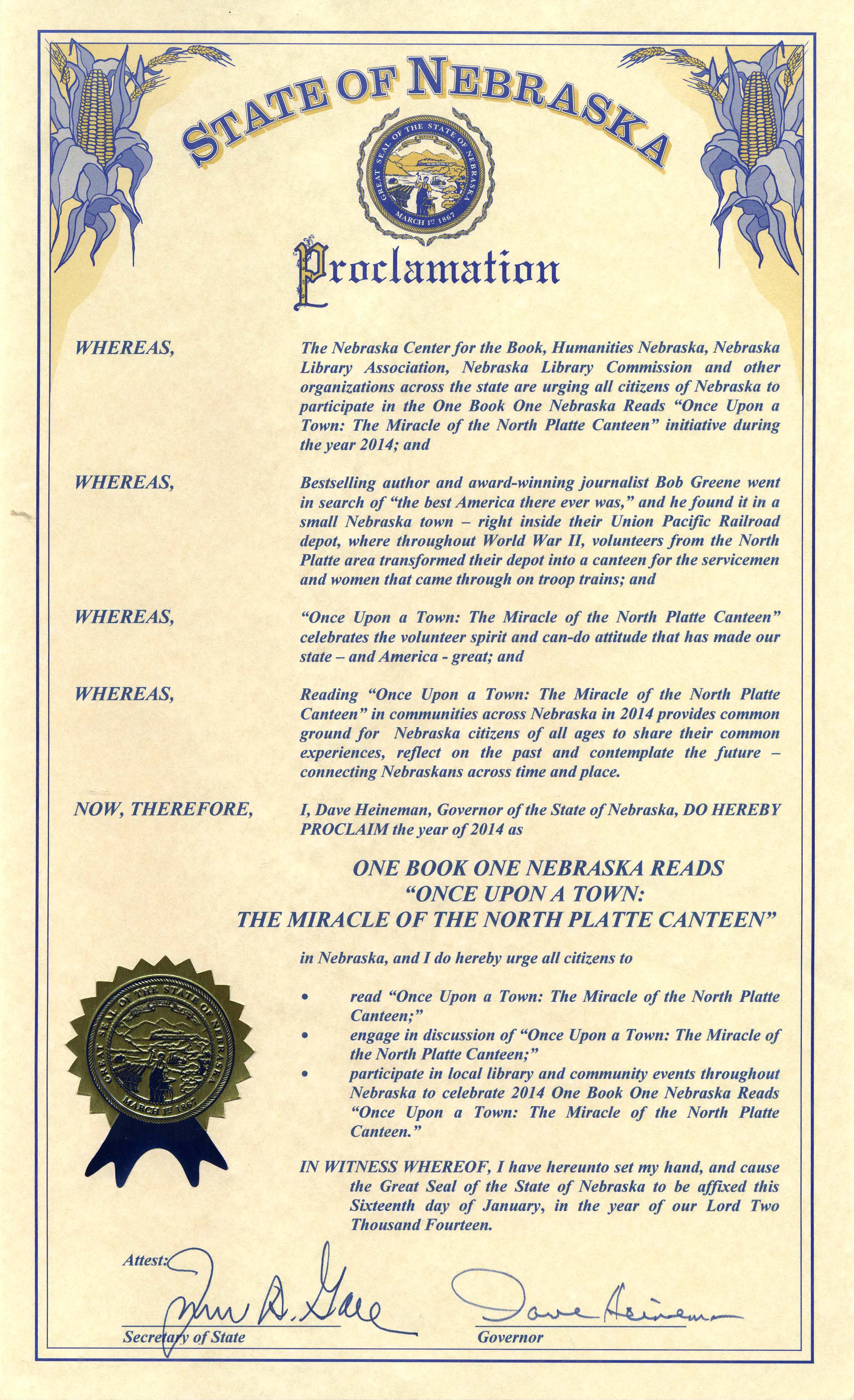 One Book One Nebraska Proclamation