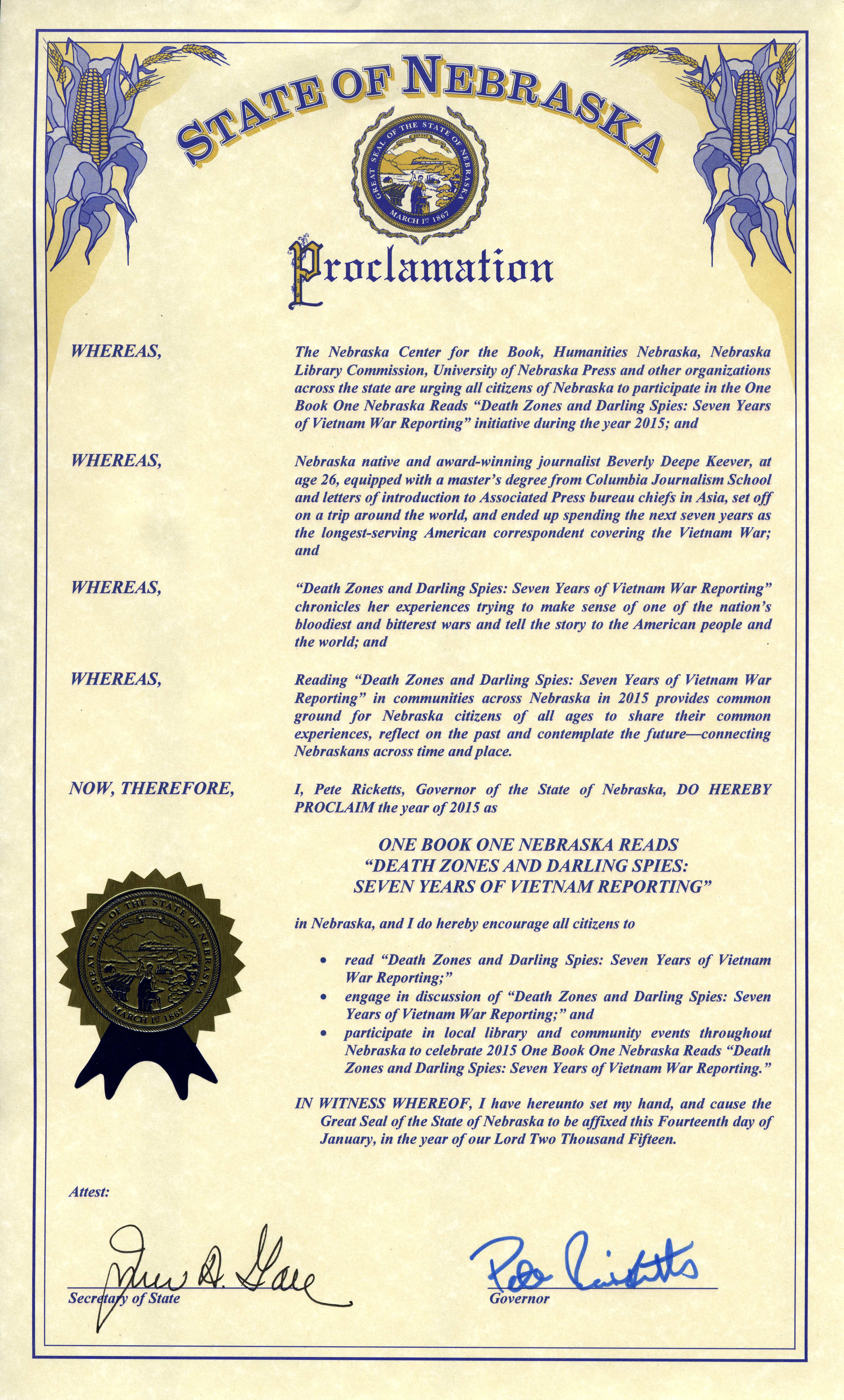 One Book One Nebraska Proclamation